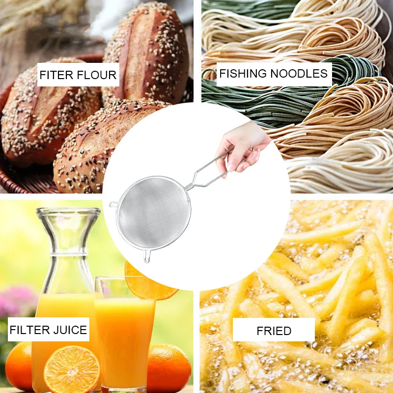 

6/8 inch Stainless steel flour sieve kitchen flour handheld screen filter flour screen oil filter double screen baking tool
