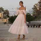 Розовые короткие платья для выпускного вечера 2022 юбка с открытыми плечами в несколько рядов трапециевидные вечерние платья плиссированные ниже колена