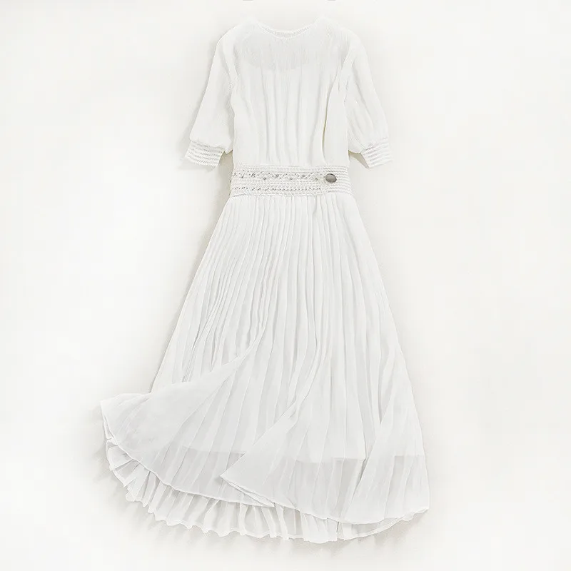 

White Dress Women Summer Lantern Short Sleeve Solid Casual Elegant Fashion Loose Midi Maxi Pleated Woman Party Dresses Robe Ete