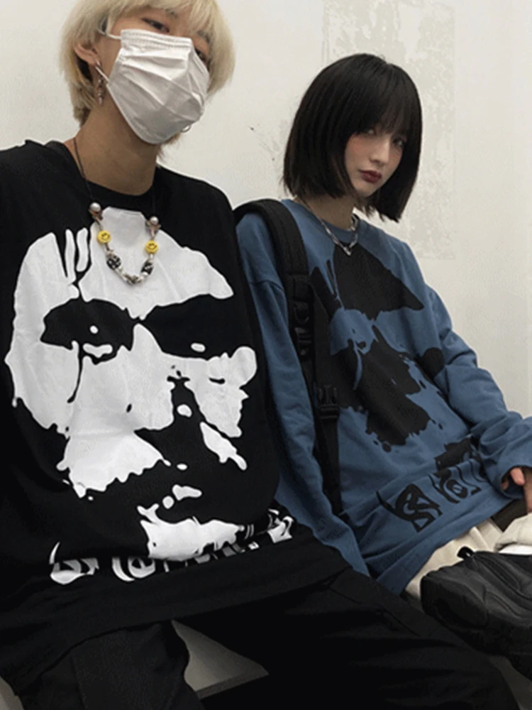 

Korean Hip Hop Hippie Portrait Long Sleeve T-Shirt Woman Couple Oversize Tee Gothic Clothes Emo Urban Top 90s Tee Grunge Y2k