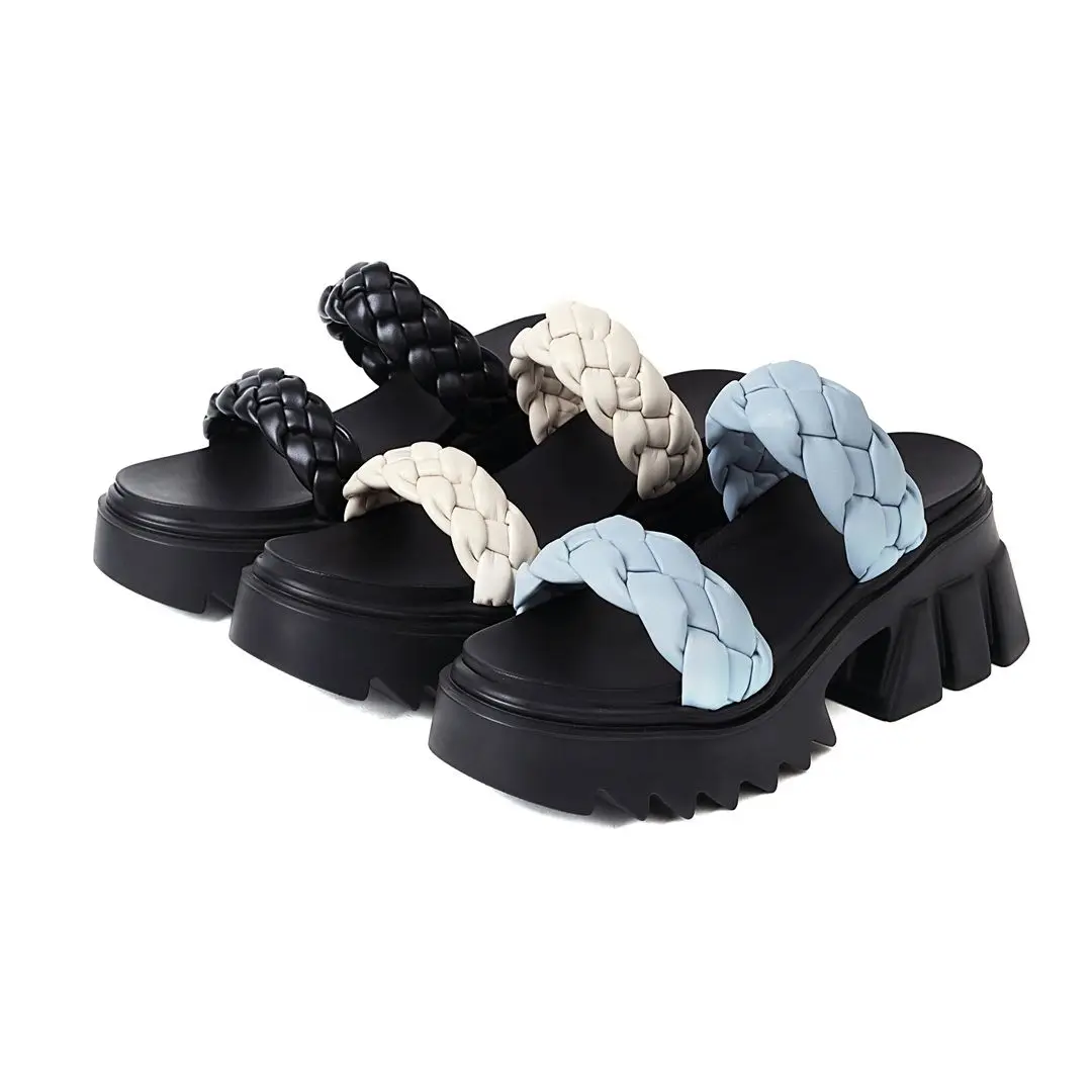 

FOREADA Women Slippers Gothic Shoes PU Leather Platform Round Toe Block High Heels Slides Summer Fashion Ladies Footwear 35-43
