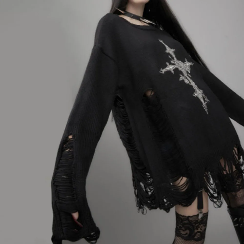 

Goth Print Sweater Women Autumn Winter New Fashion High Street Round Neck Long Sleeve Hole Design Hollow Out Knit Sweater Tops