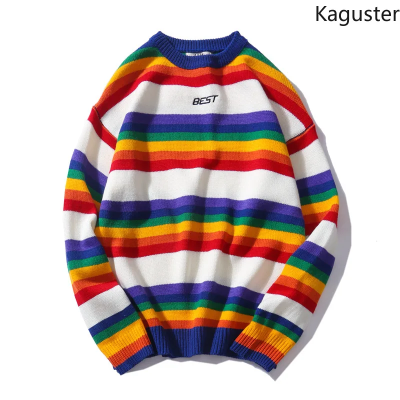Kaguster осенне-зимние женские мужские свитера в радужную полоску большие размеры