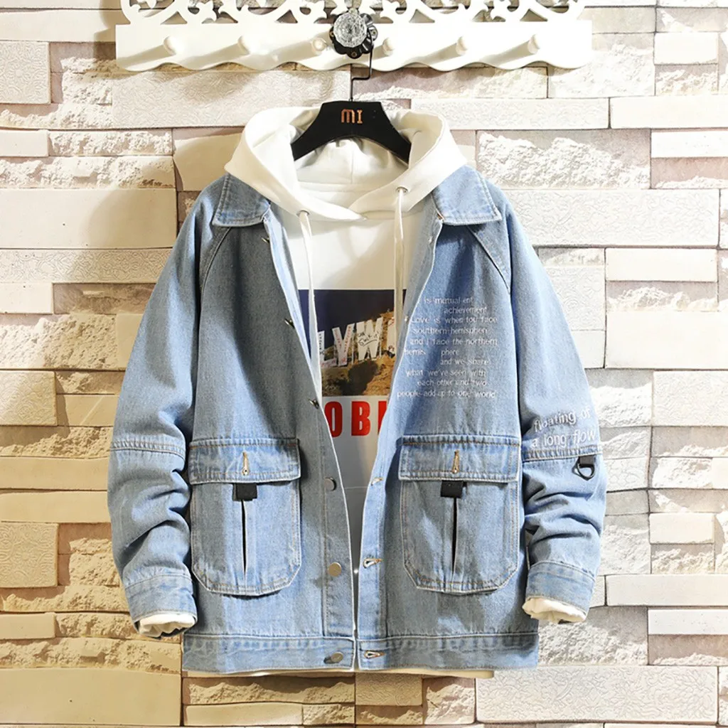 Men'sJackets весна осень поддельные две части Лоскутная джинсовая куртка с капюшоном