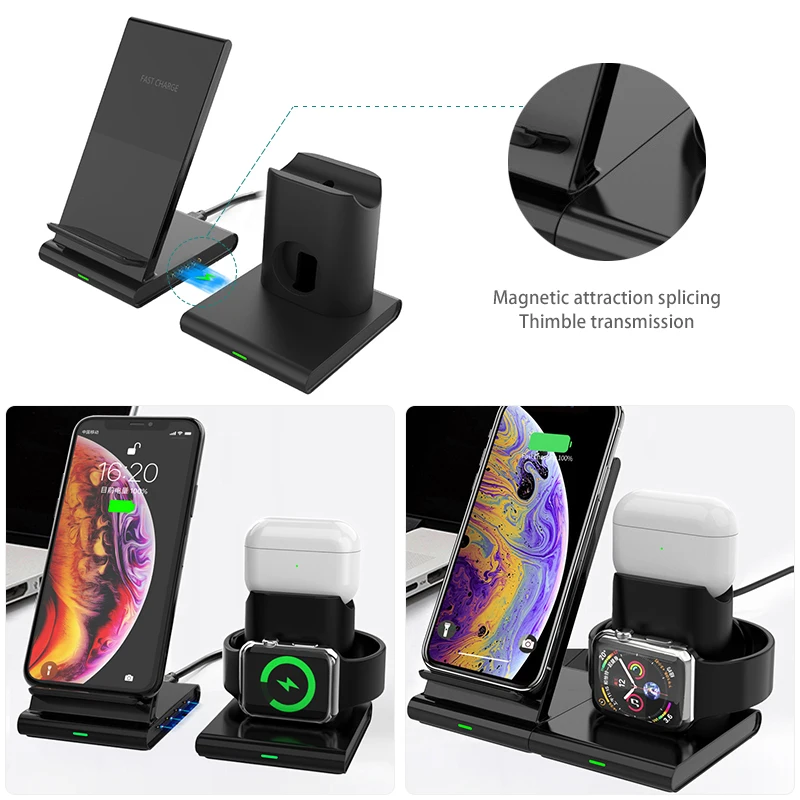 Беспроводное зарядное устройство Qi 3 в 1 зарядная док станция для iWatch 2/3/4/5 AirPods Pro