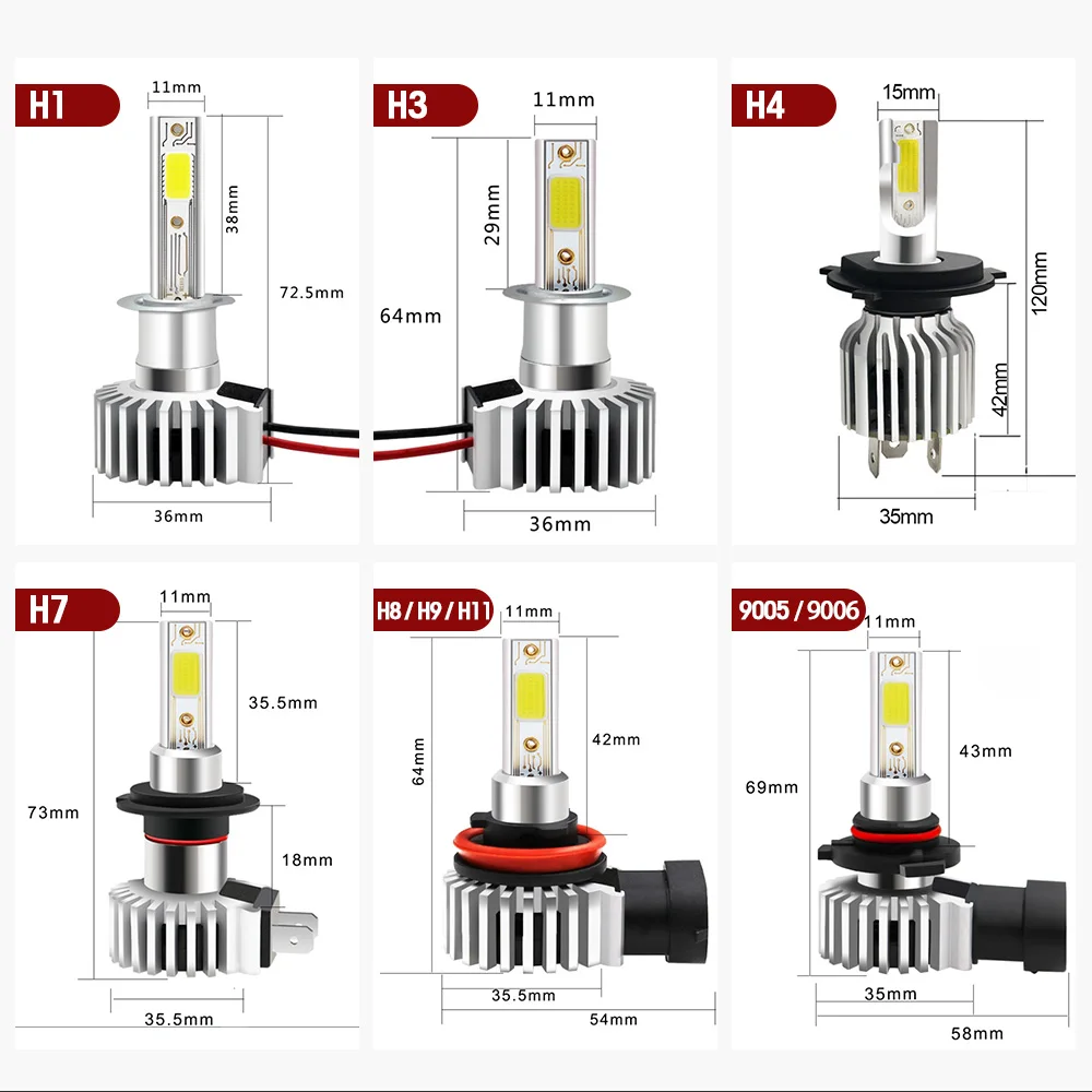 

2PCS Car Headlight Bulb LED H1 H3 880 H4 H7 H8 H9 H11 9005 9006 9012 H3 LED fog lights headlamps Car Accessories 12V 6000K 72W