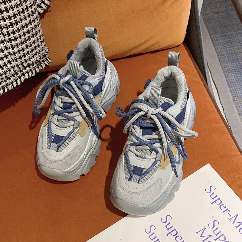 

Кроссовки женские зимние на толстой подошве, ретро кроссовки на платформе, с бархатной подкладкой, в стиле Ins Super Fire, Корейская версия