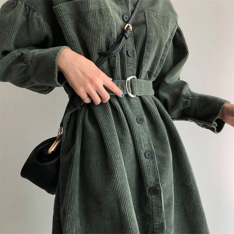 

Chic Office Lady Streetwear High Waist Dresses Retro Green Solid Corduroy Thicken 2020 Korean Plus Size Sashes Stylish