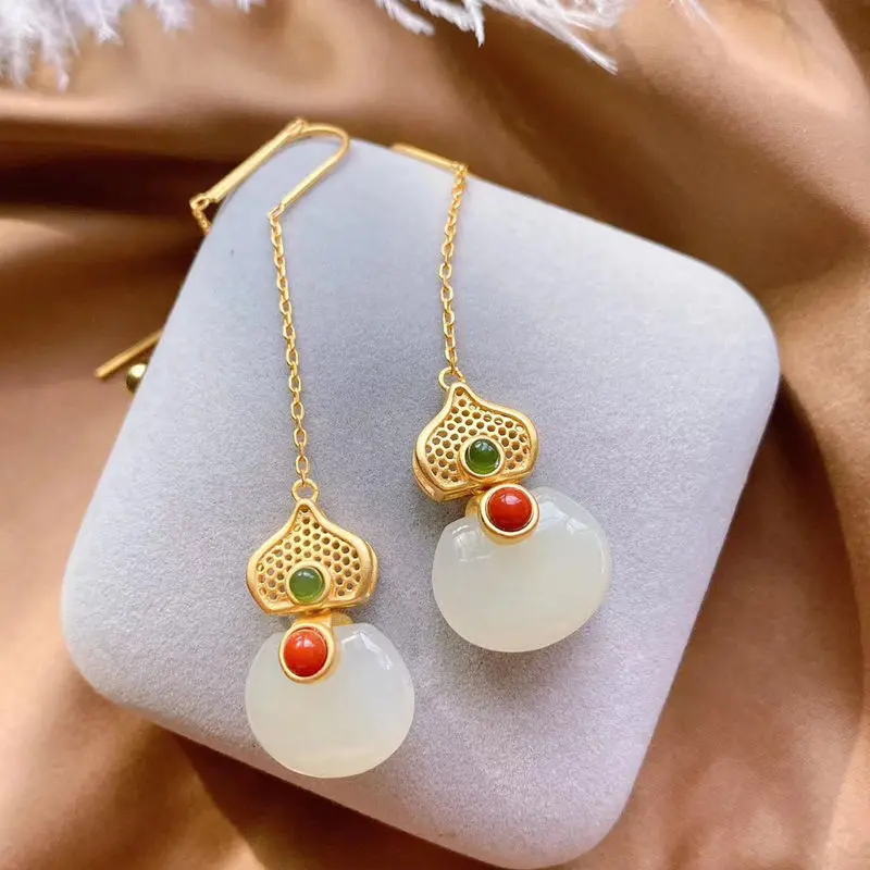 

Jade Gourd Earrings Women's Sterling Silver Hetian Jade Earrings Elegant Long Complex Classical Ancientry Earrings Chinese