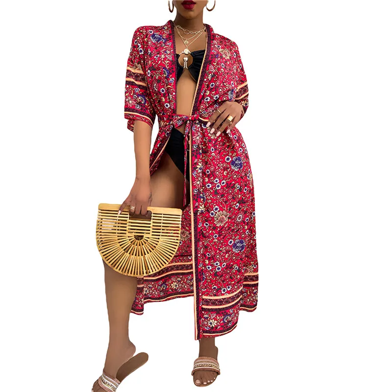 

2021 женская накидка для бикини с цветочным принтом, пляжный кардиган, накидки, кимоно с открытой передней завязкой, Пляжное платье, пляжная о...