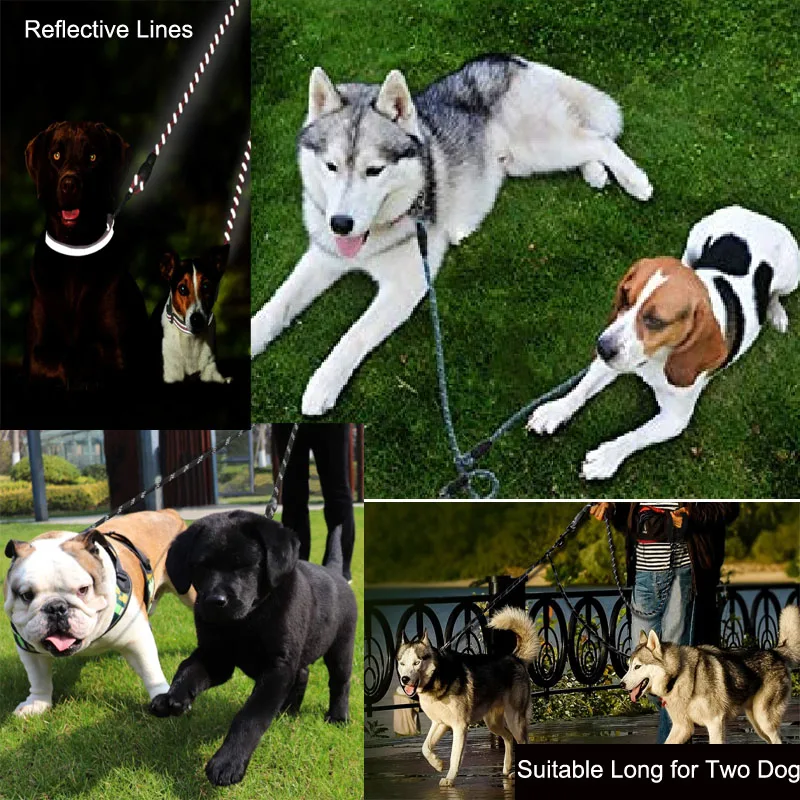 Двойной поводок для собак светоотражающий прочный нейлоновый домашних животных