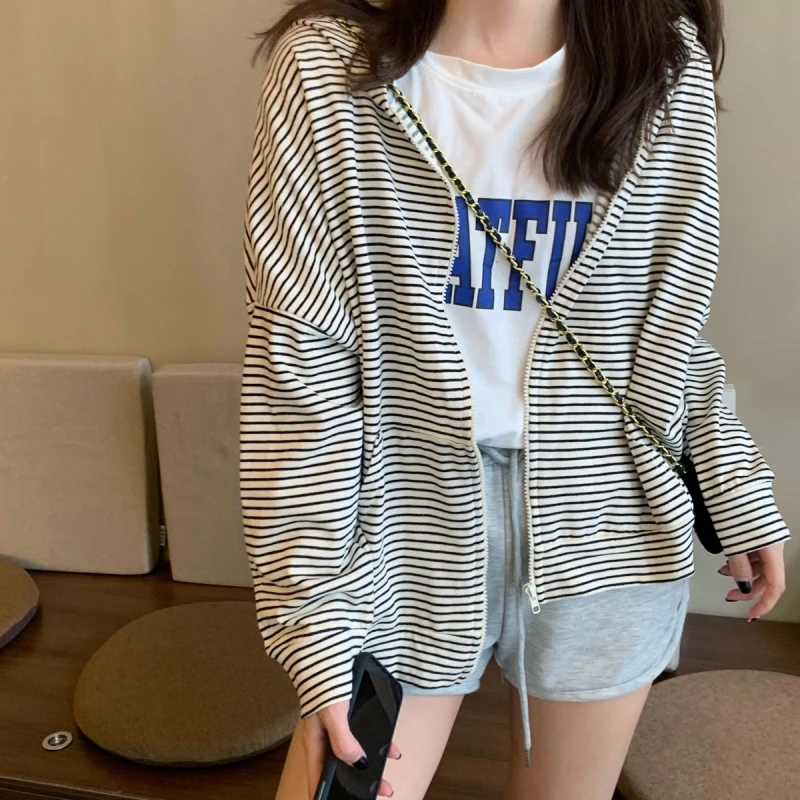 

Женская хлопковая толстовка с капюшоном в полоску, толстовка на молнии с капюшоном Harajuku, Повседневная Свободная уличная одежда, топы Kpop