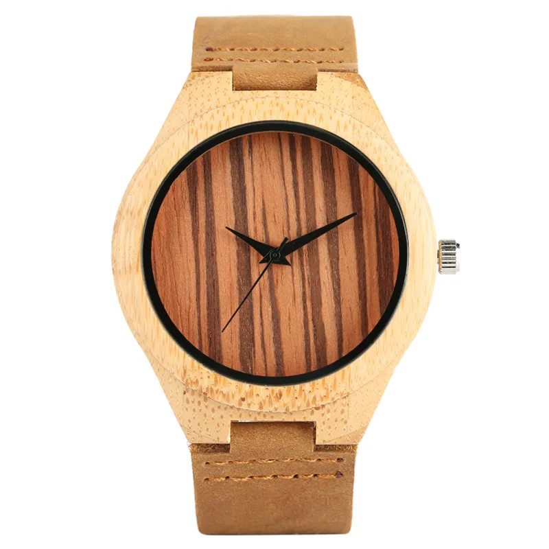 

Handmade Men's Bamboo Wristwatch Nature Wood Round Case with Quartz Analog Display Soft Brown Leather Band Timepiece Gift Reloj