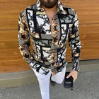 Мужская приталенная рубашка в стиле панк, Повседневная праздвечерние рубашка с длинным рукавом, отложным воротником и цифровым принтом, осень 2021