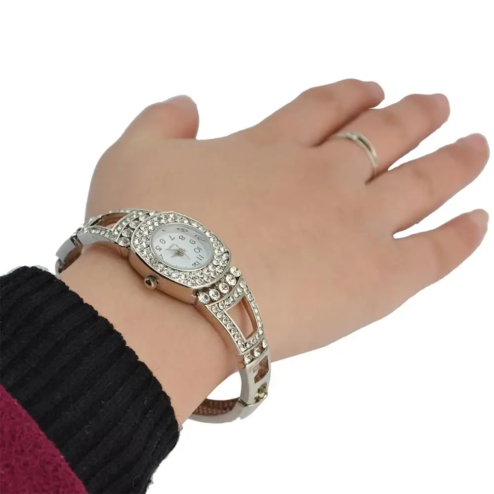 Модный Лук Большой Кристалл Стразы Золотой Браслет манжета браслет с часами