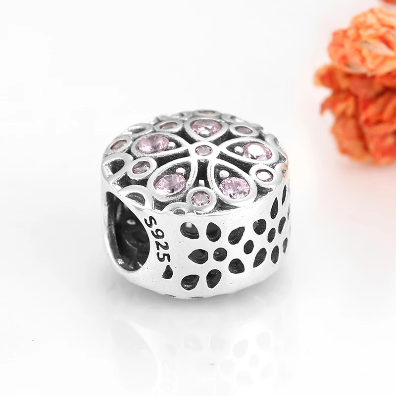Hot sale 925 Sterling Silver beautiful charm Hollow pink CZ Flowers beads Fit Original European Charm Bracelet Jewelry making | Украшения и