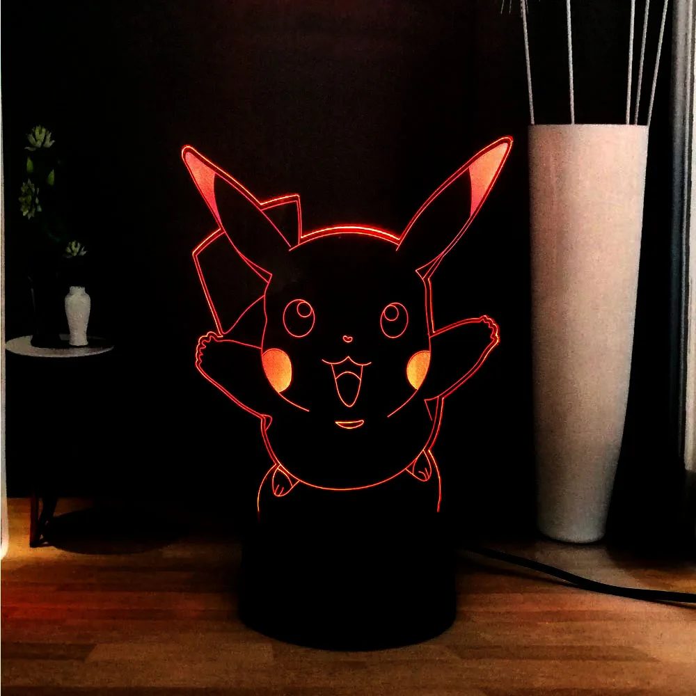 Милый ночной Светильник Pikachu с 3D иллюзией Pokemon RGB 7 цветной светодиодный