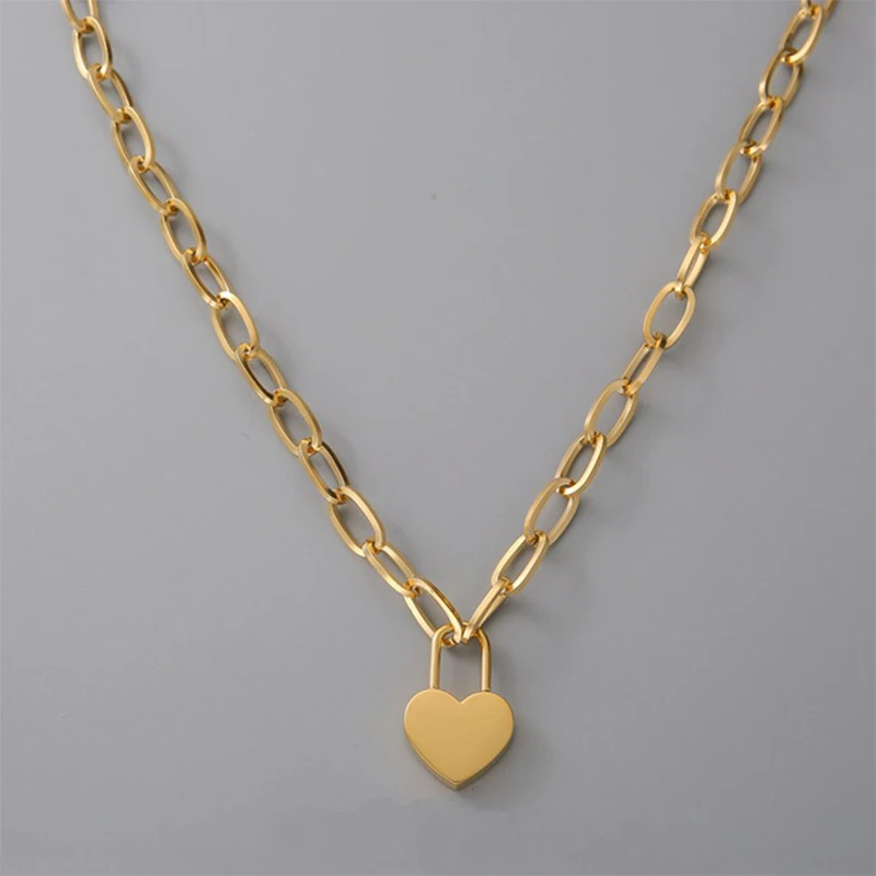 

YAOLOGE 316L Stainless Steel Gold Color Heart Necklaces Trendy Thick Chain Choker Pendants For Women 2021 Fashion Jewelry Collar
