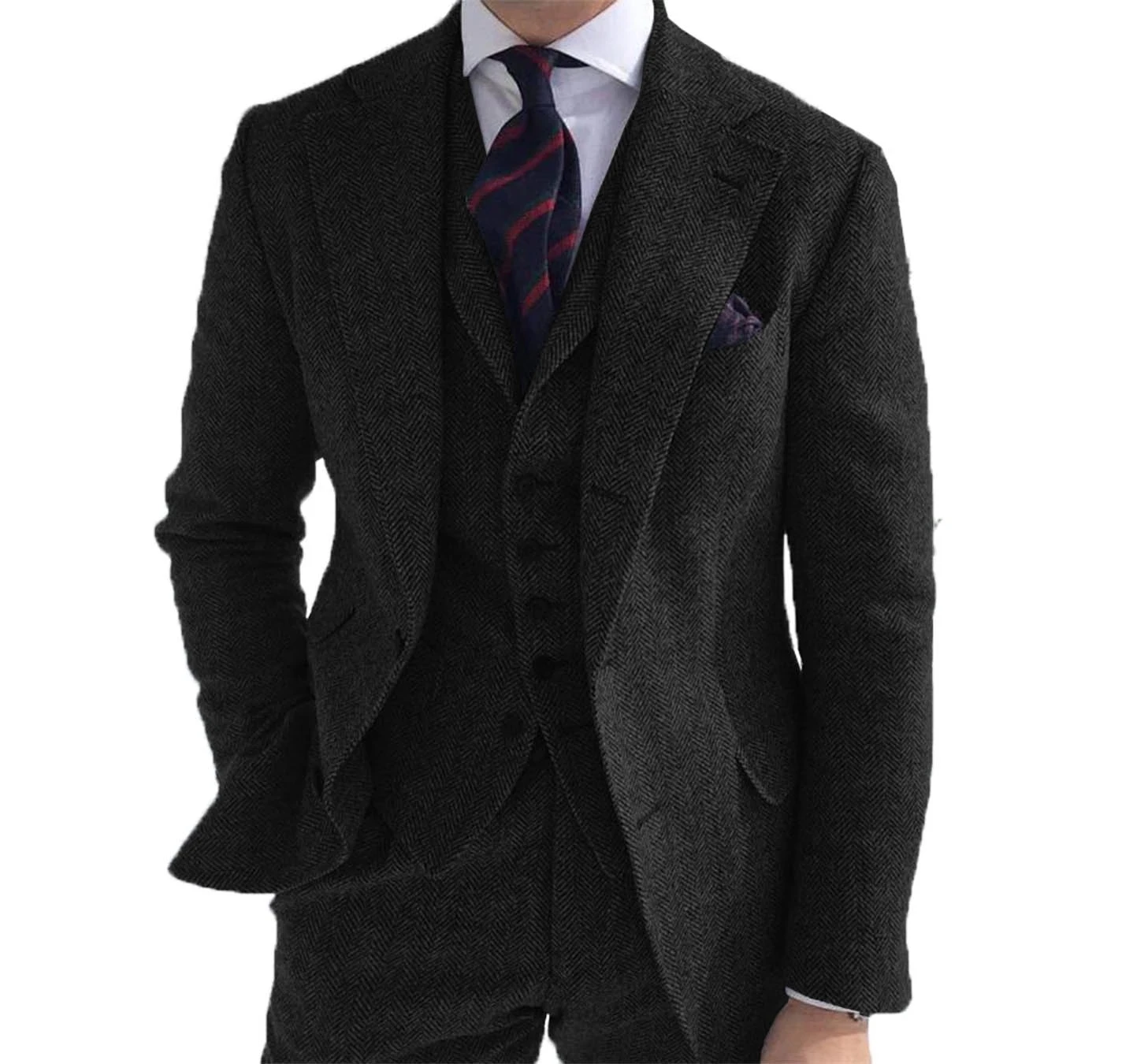 Men‘s Suits 3 Pieces Green Wool Tweed Herringbone Business Retro Classic PatternTuxedos For Wedding Blazer Pants Vest | Мужская одежда