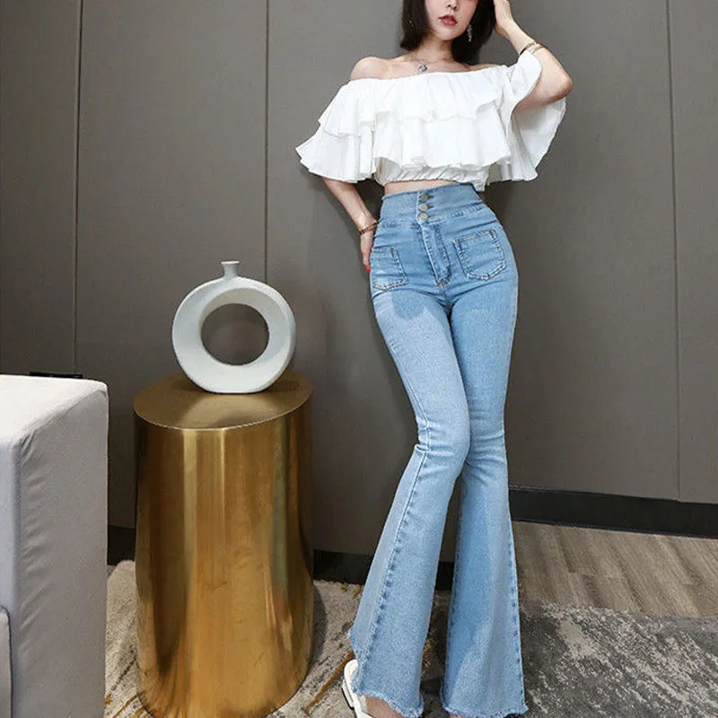 

Women's High Waist Single Breasted Trumpet Jeans Female 2021 Spring Summer Streetwear Stretchable Denim Flare Boot Cut Pants