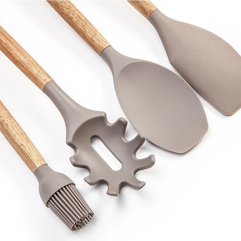 Набор силиконовой кухонной посуды с деревянной ручкой бытовая антипригарная