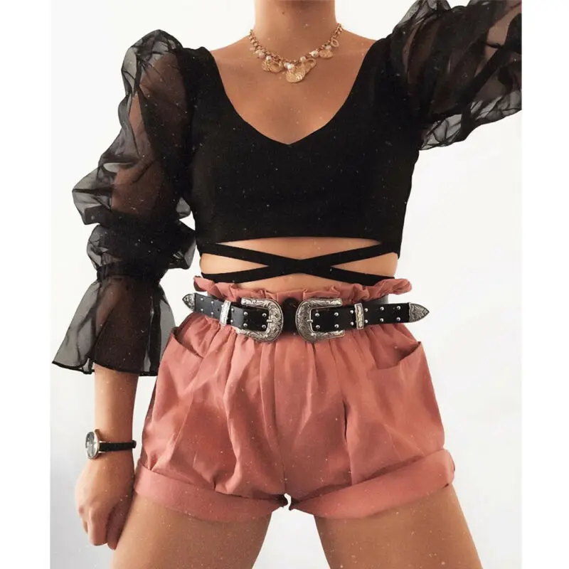 Женская летняя Сетчатая футболка Boho повседневная укороченная на шнуровке с