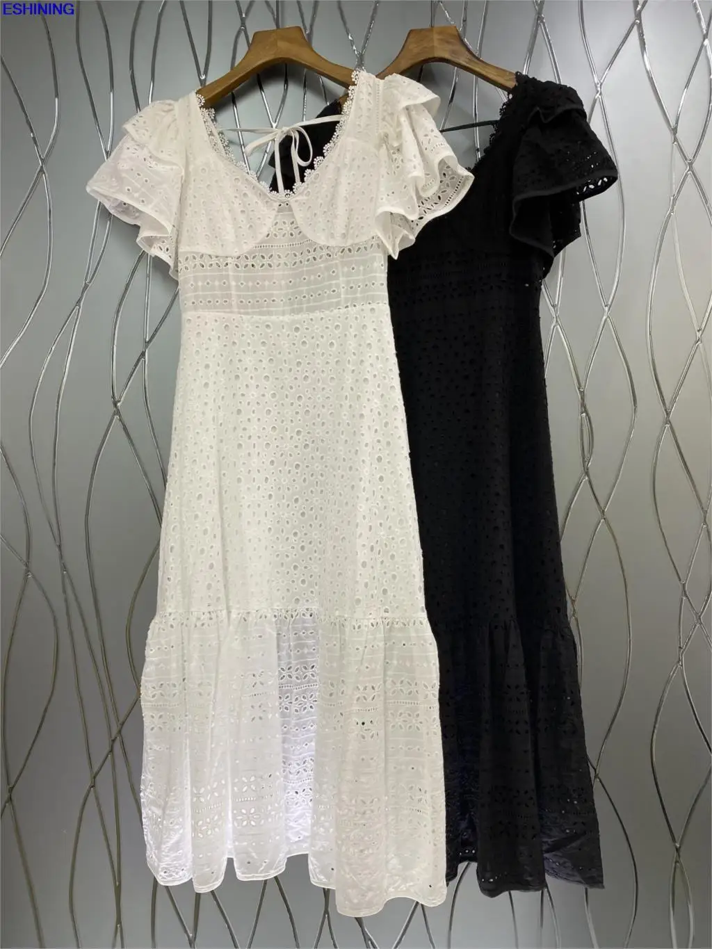 

2021 spring and summer new women's V-neck dress with ruffled stitching neckline and waist see-through long dress