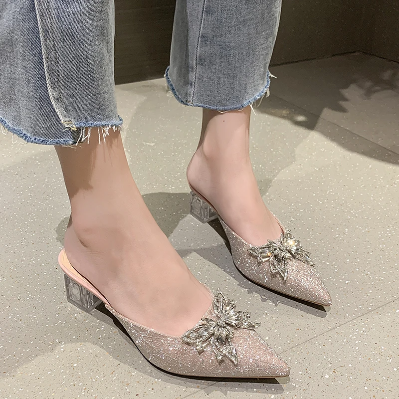 

XIXIYIPIN Luxury Crystal Transparent High Square Heels Women Slippers Summer Outside All-match Mules Designers Shoes for Ladies