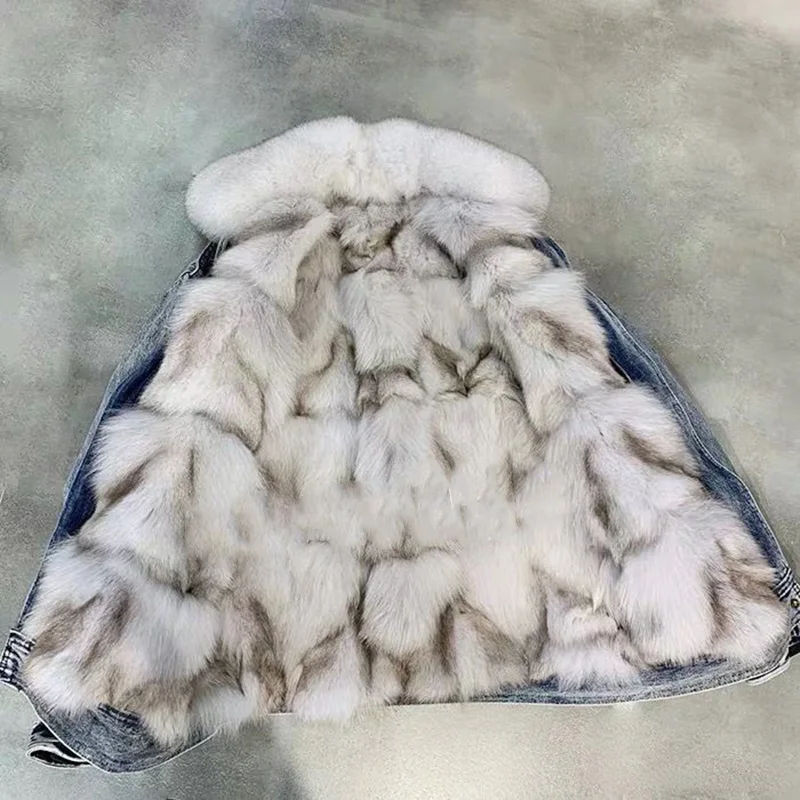 2019 ВИНТАЖНАЯ ДЖИНСОВАЯ парка пальто из натурального меха зимняя куртка для