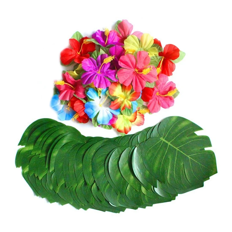 

Hot Sale 60 Pcs Tropical Party Decoration Supplies 8 inch Tropical Palm Monstera Leaves and Hibiscus Flowers, Simulation Leaf fo