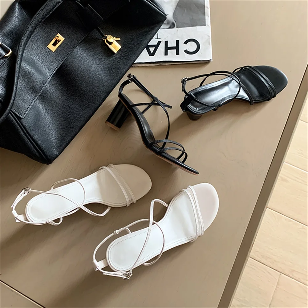 

ISNOM Sexy Narrow Strappy Ladies Sandals Summer Thick High Heels Shoes Woman Dress Leather Liner Cozy Women's Sandals Fashion