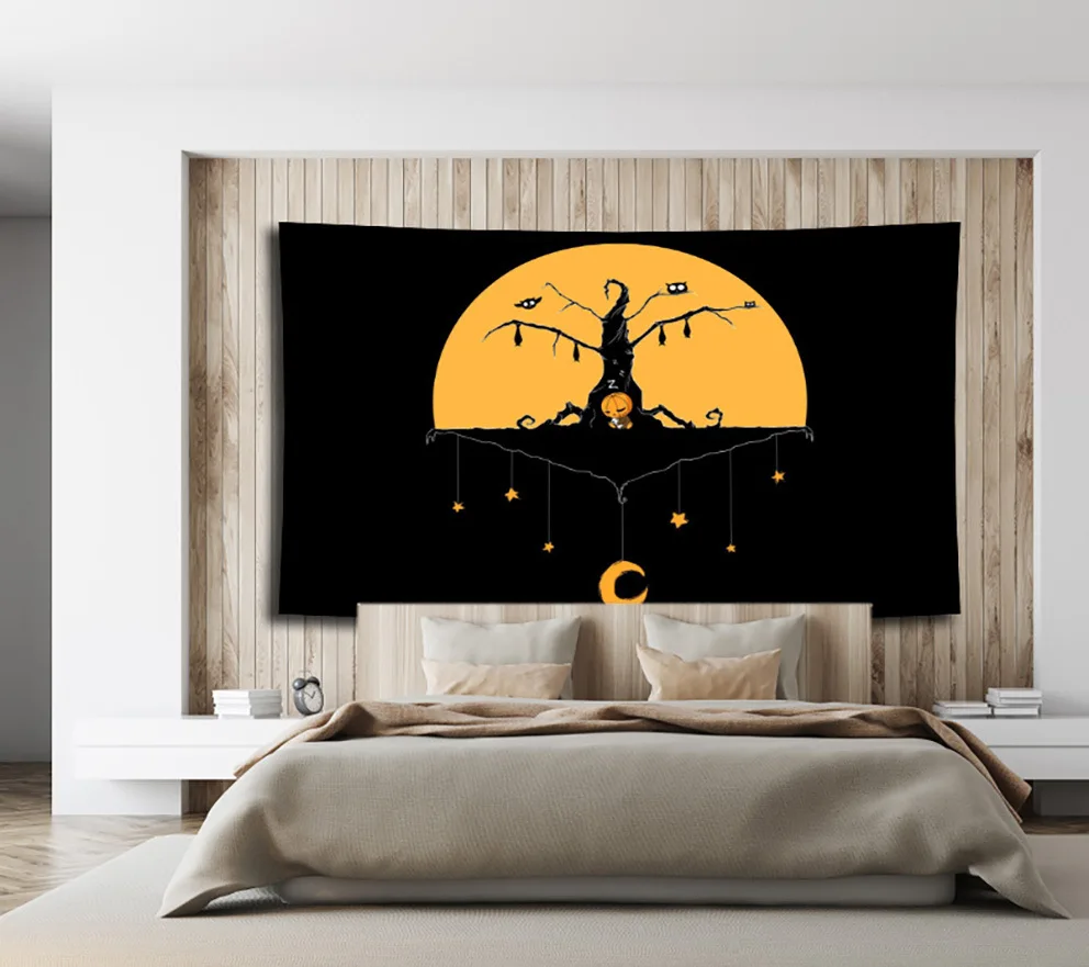 

Halloween Fullmoon Tapestry Ghost Printing Beach Blanket Cat Home Wall Decoration Cartoon Wall Hanging for Halloween Party