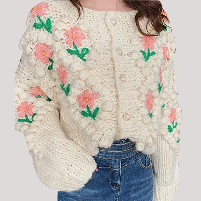 

Women Long Sleeve Flower Twist Sweater Cardigans 2021 Spring Winter Mori Girl Jacket Embroidery Knit Cardigans Overcoat woman