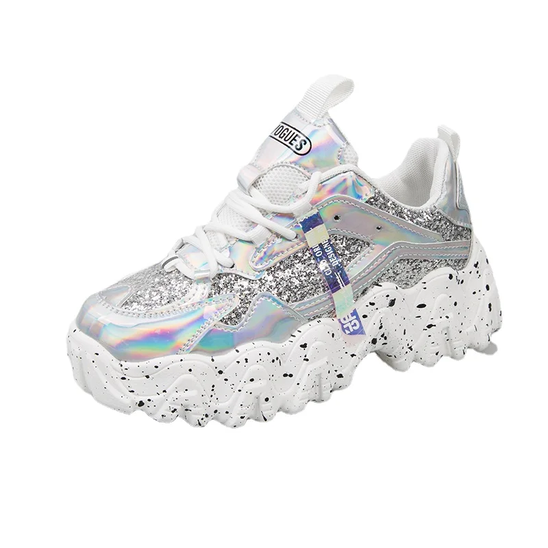 

Chunky Sneakers 2021 New Arrival Bling PU White Shoes Woman Sneakers Sequined Cloth Zapatillas Mujer Girls Casual Shoes Mujer