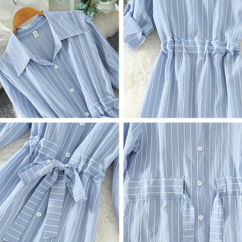 

2020 Striped Women Dress Tunic Long Sleeve Elegant Shirt Dress Blue White Black Spring Summer Ladies Casual Stripe Mini Dresses