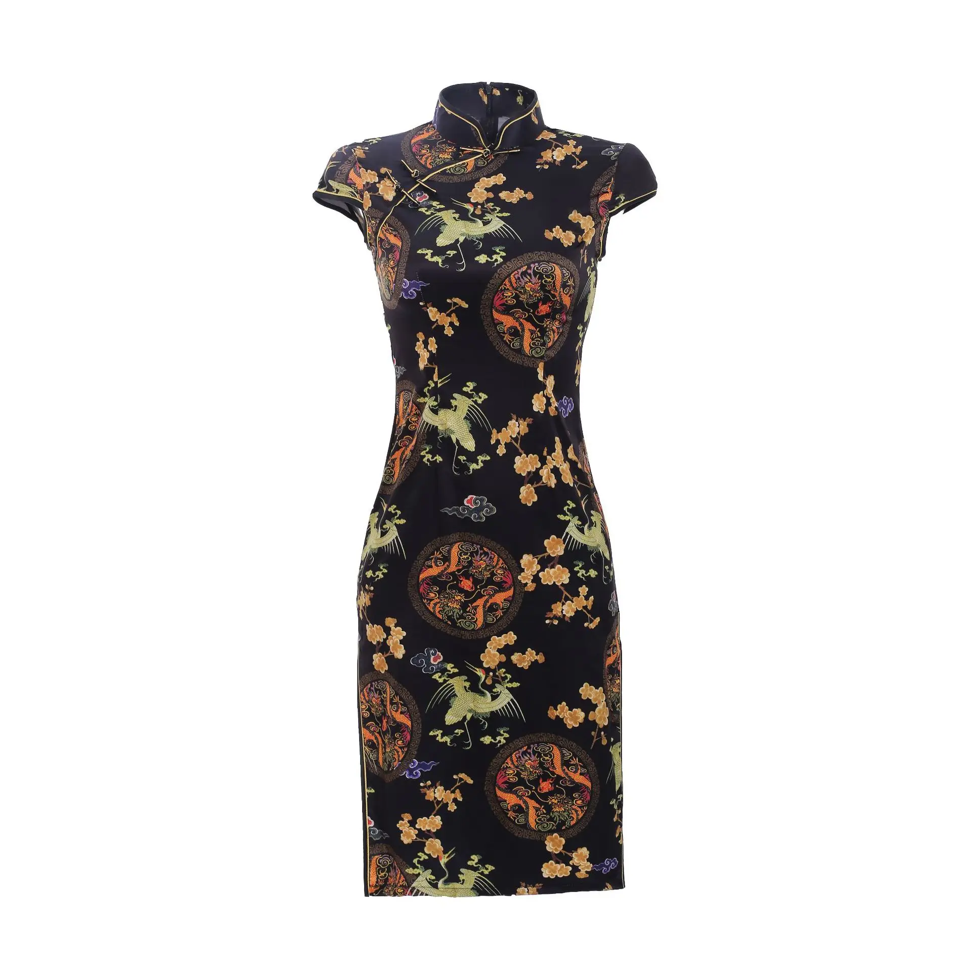 

Black Female Exquisite Print Novelty Qipao Vintage Button Trim Short Sleeve Cheongsam Elegant Mandarin Collar Chinese Dress