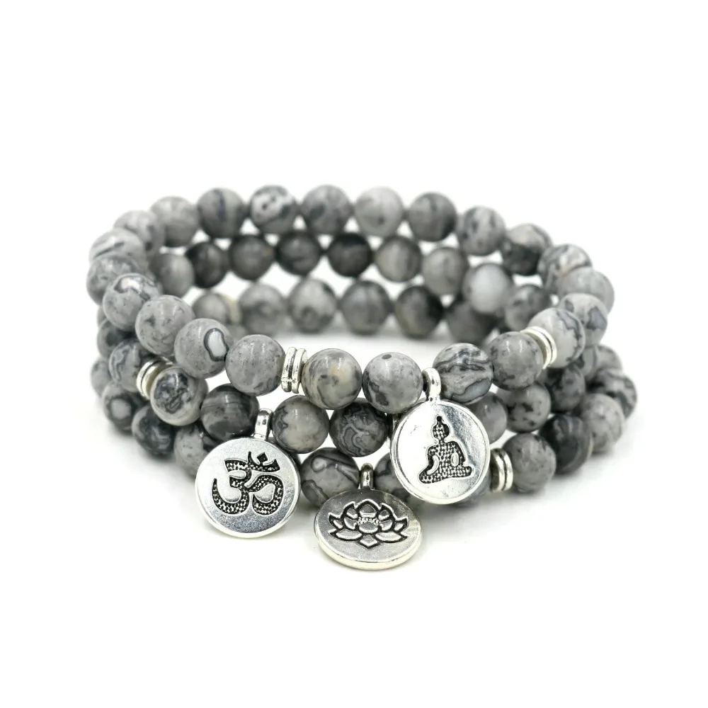 Серый браслет Howlite из мраморного камня Будды OM Lotus ниток женские браслеты для йоги