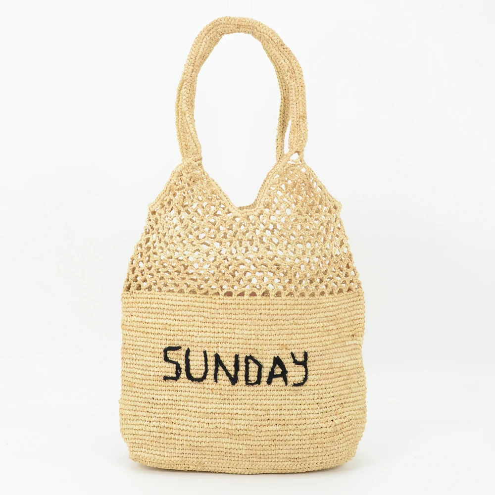 Sunday Natural Raffia Handmade Crocheted Woven Large Striped Straw Tote With Sunday Embroidery