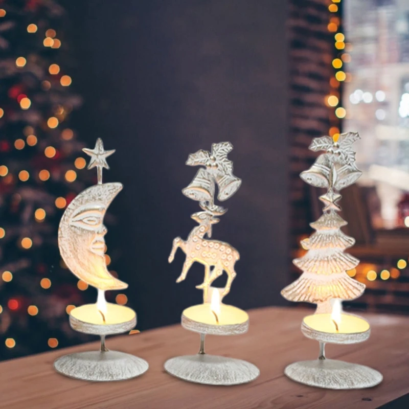 White Vintage Christmas Candle Holders Tea Light Christmas Decorations Classic Candles Iron Stand Wax Candles Xmas Candlestick