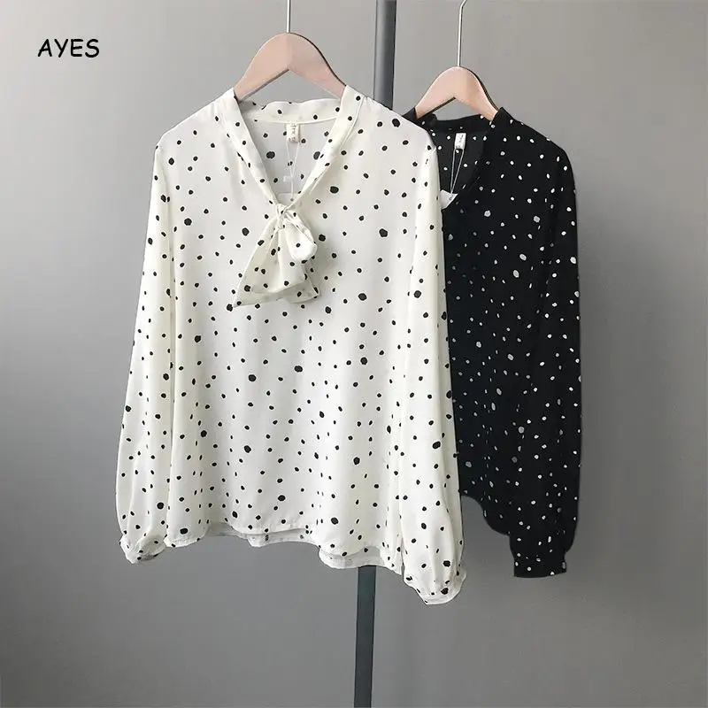 2019 женские блузки с принтом в горошек рубашки галстуком бабочкой и длинными