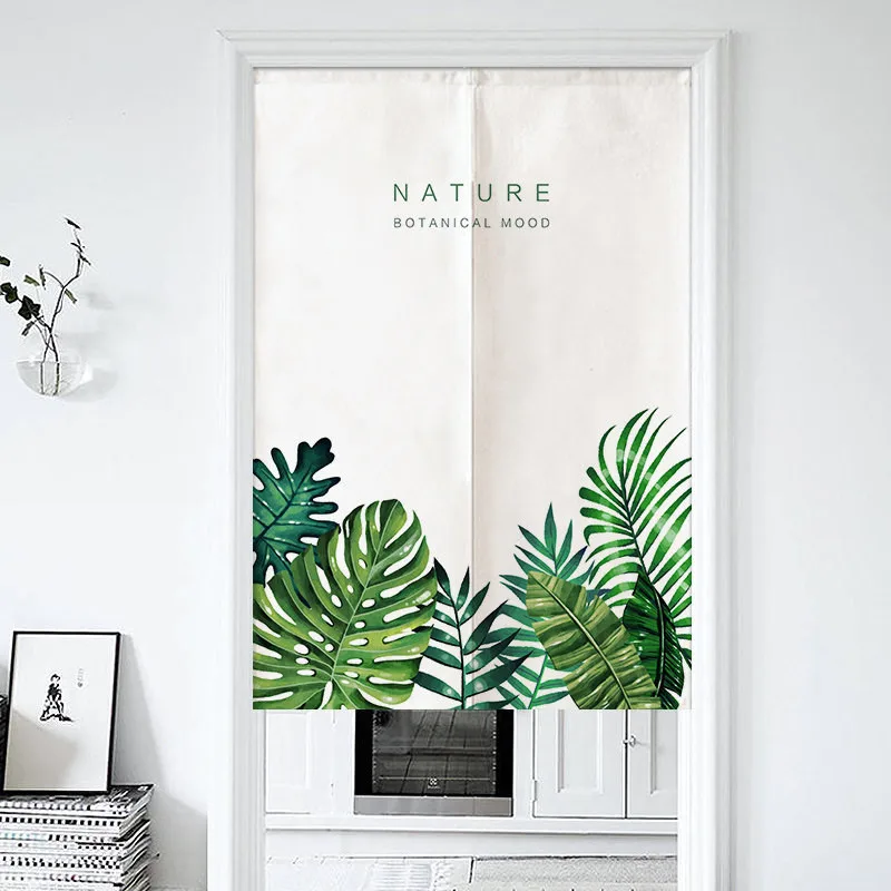 

Door Curtain Cotton Hemp Partition Curtain Leaves Pattern Household Kitchen Bedroom Toilet Curtain Without Punching