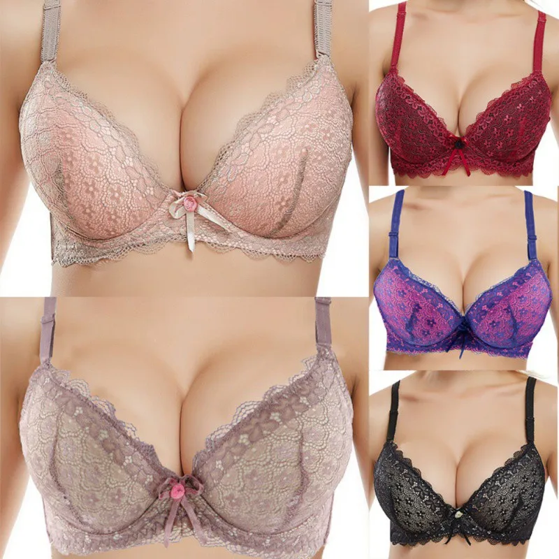 

Push Up Underwire Bras Hollow Out Lace Flower Solid Color Bra Sexy Plus Size 3/4 Cup Bralettes With Bow