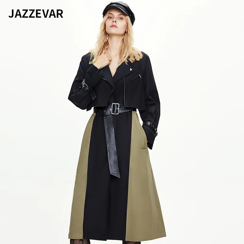 JAZZEVAR Spring Autumn New Original Design Contrast Color Windbreaker Women's Lengthened Fashion Trench Coat Jacket