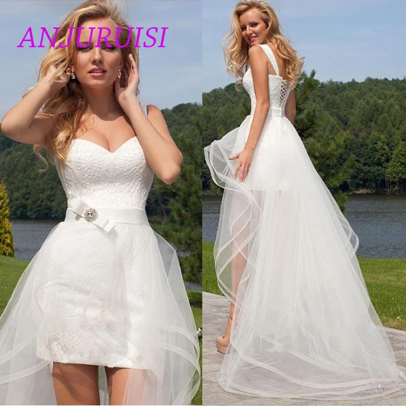 

Spaghetti Straps Lace Short Sheath Wedding Dress Ruched Knee Length Short Bohemia Bridal Wedding Gowns With Detachable Tulle Ski