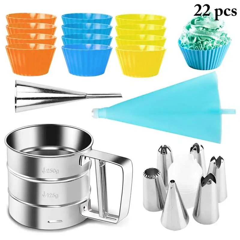

22Pcs Reusable Icing Piping Nozzles Set Pastry Bag Cake Decorating Tools Flower Cream Tips Flour Sieve Egg Tart Mould Baking Cup