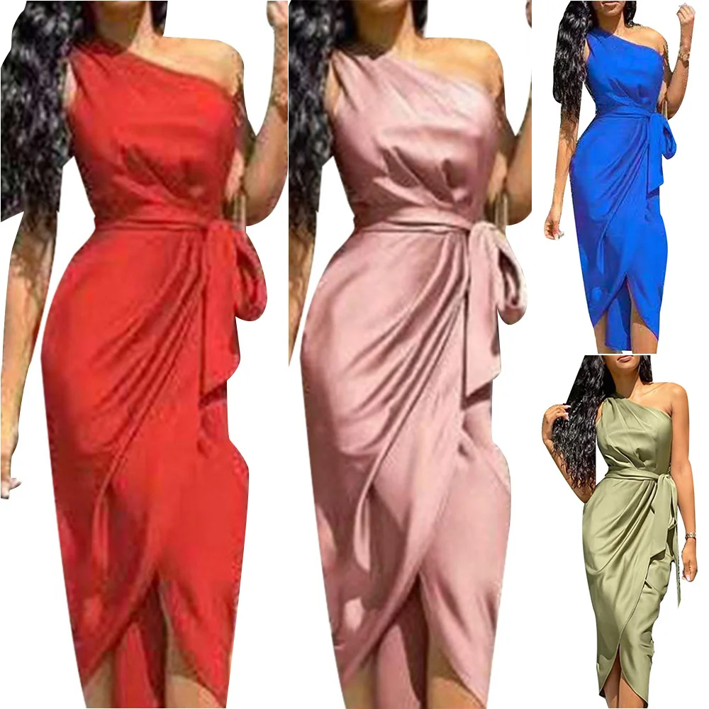 

Womens Summer One Shoulder Irregular Lace Up Maxi Dress Ladies Party Elegant Dress Solid Color Off The Shoulder