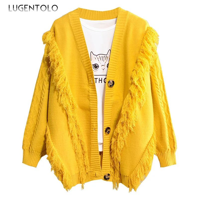 Lugentolo Ladies Sweater Casual Loose Student Jacket Fashion Tassel Knit Cardigan Solid Color |