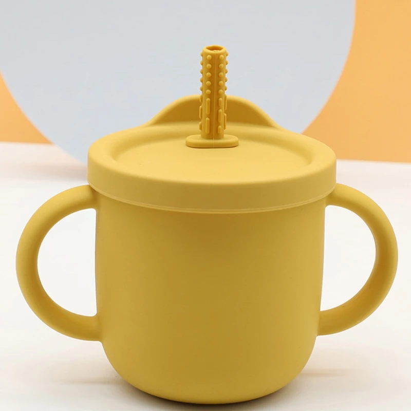 

T5EC 300ml Portable Baby Silicone Snack Cup Infants Feeding Food Bowl with Double Handle No Spill Snack Container Straw Water