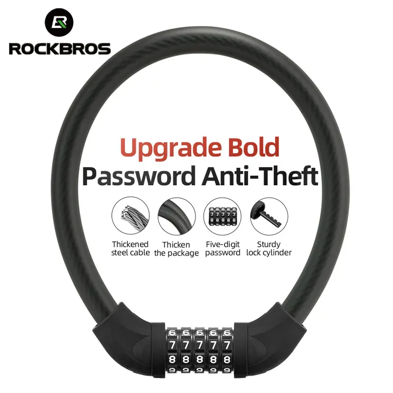

ROCKBROS 87CM Bike Lock Steel Five-digit Code Anti-theft 1.72CM Bold Cable Password Lock PVC Wrapped Lock MTB Road Accessories