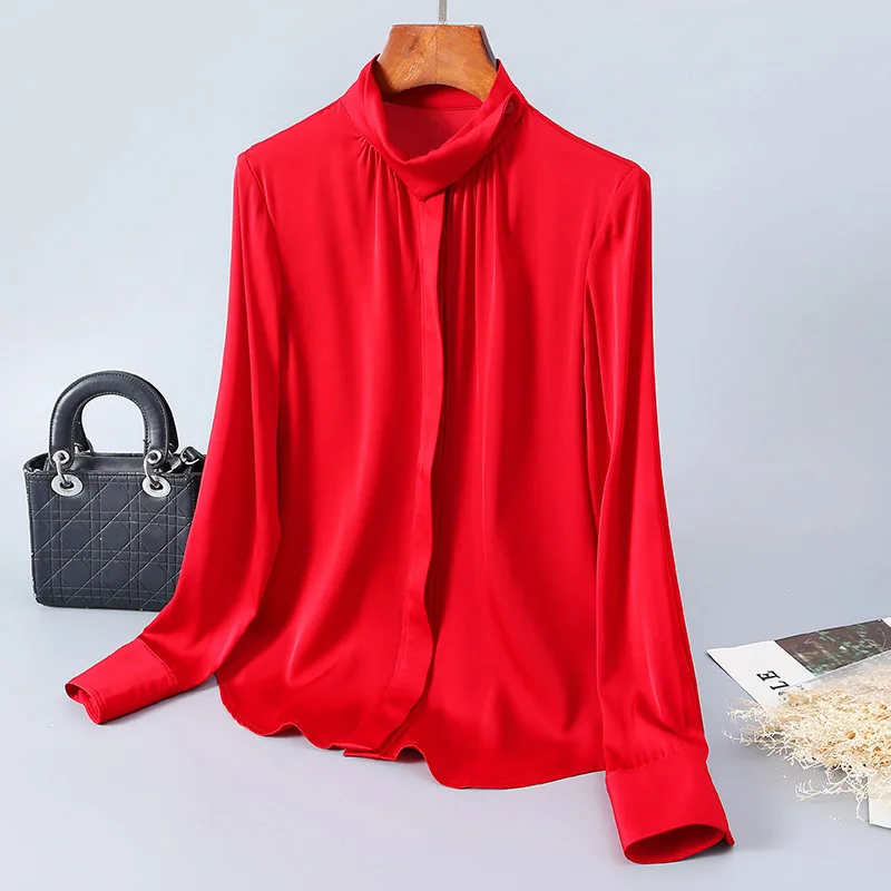 

New silk shirt single breasted solid color femininity fashion cardigan long sleeve top women s wear